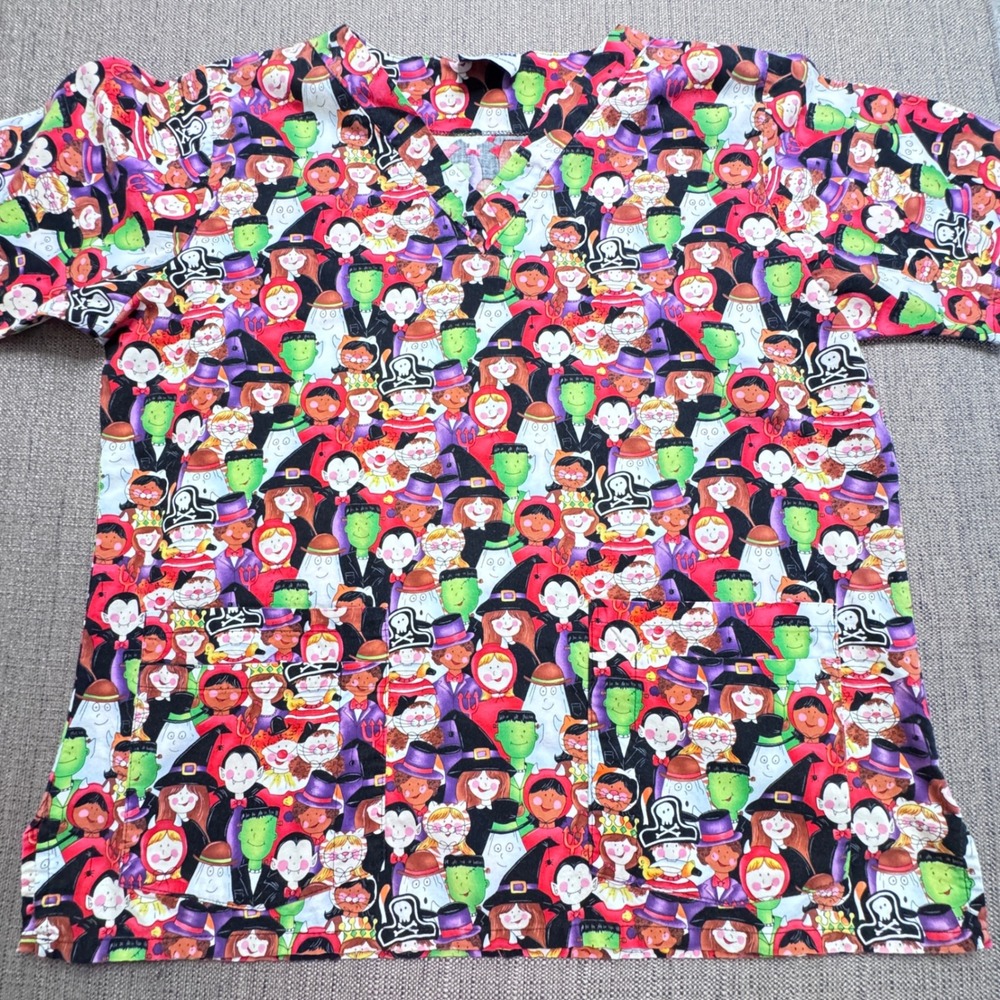 Landau Halloween Scrub Top V-Neck Medical Uniform Witches Ghosts Frankenstein